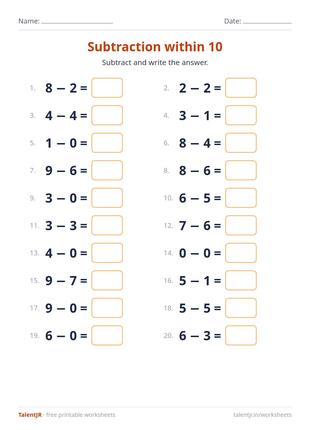 Math Worksheet: Subtraction within 10 Worksheet