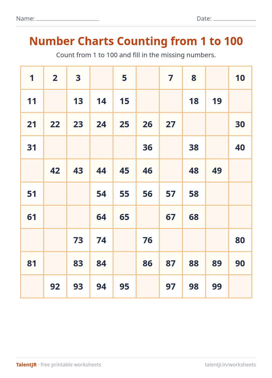 Math Worksheet: Number Charts Counting from 1 to 100 Worksheet