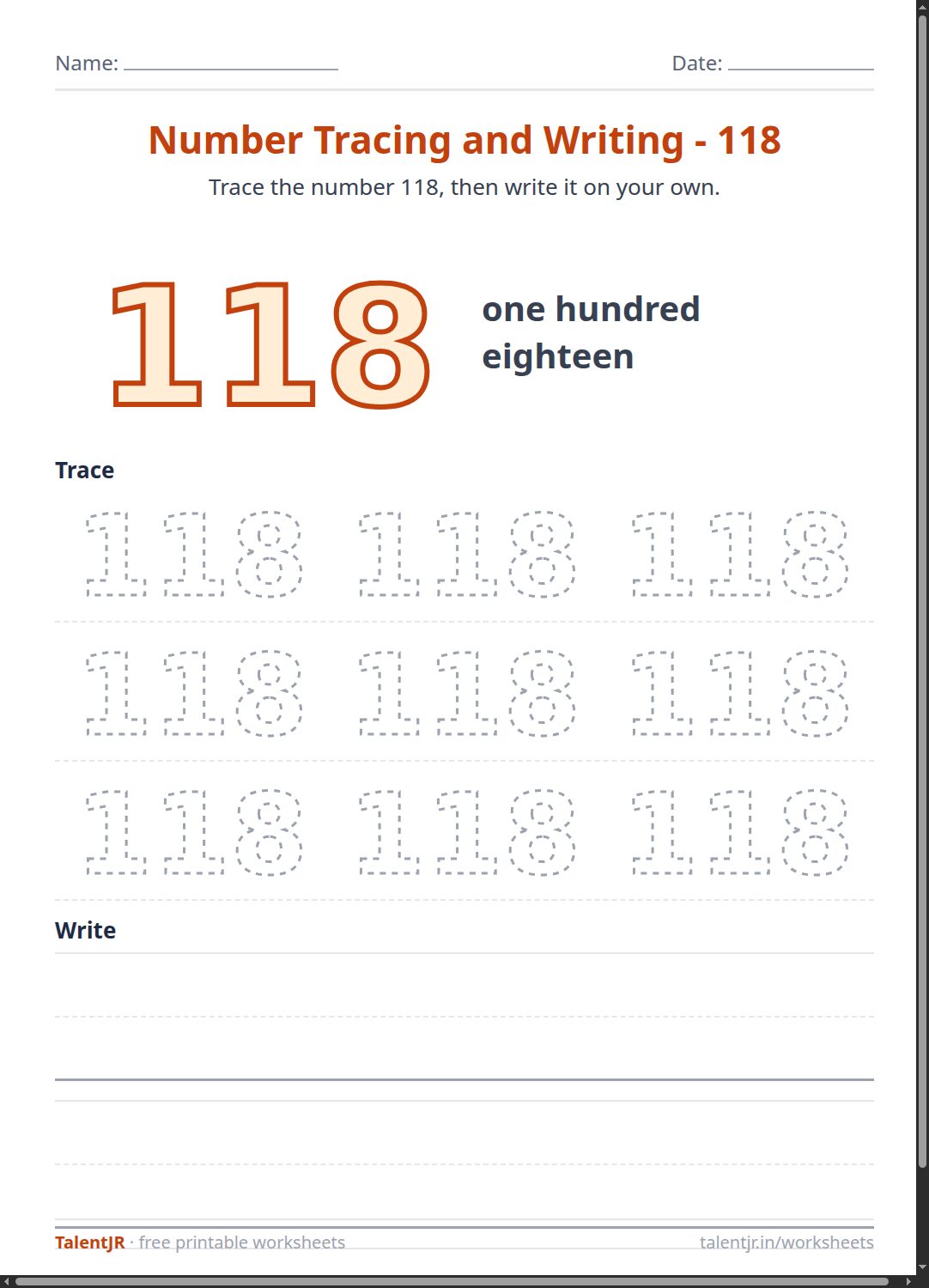 Math Worksheet: Number Tracing and Writing - 118 Worksheet