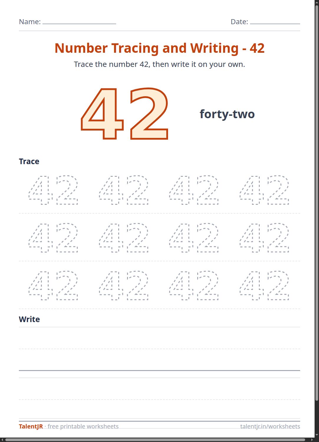 Math Worksheet: Number Tracing and Writing - 42 Worksheet