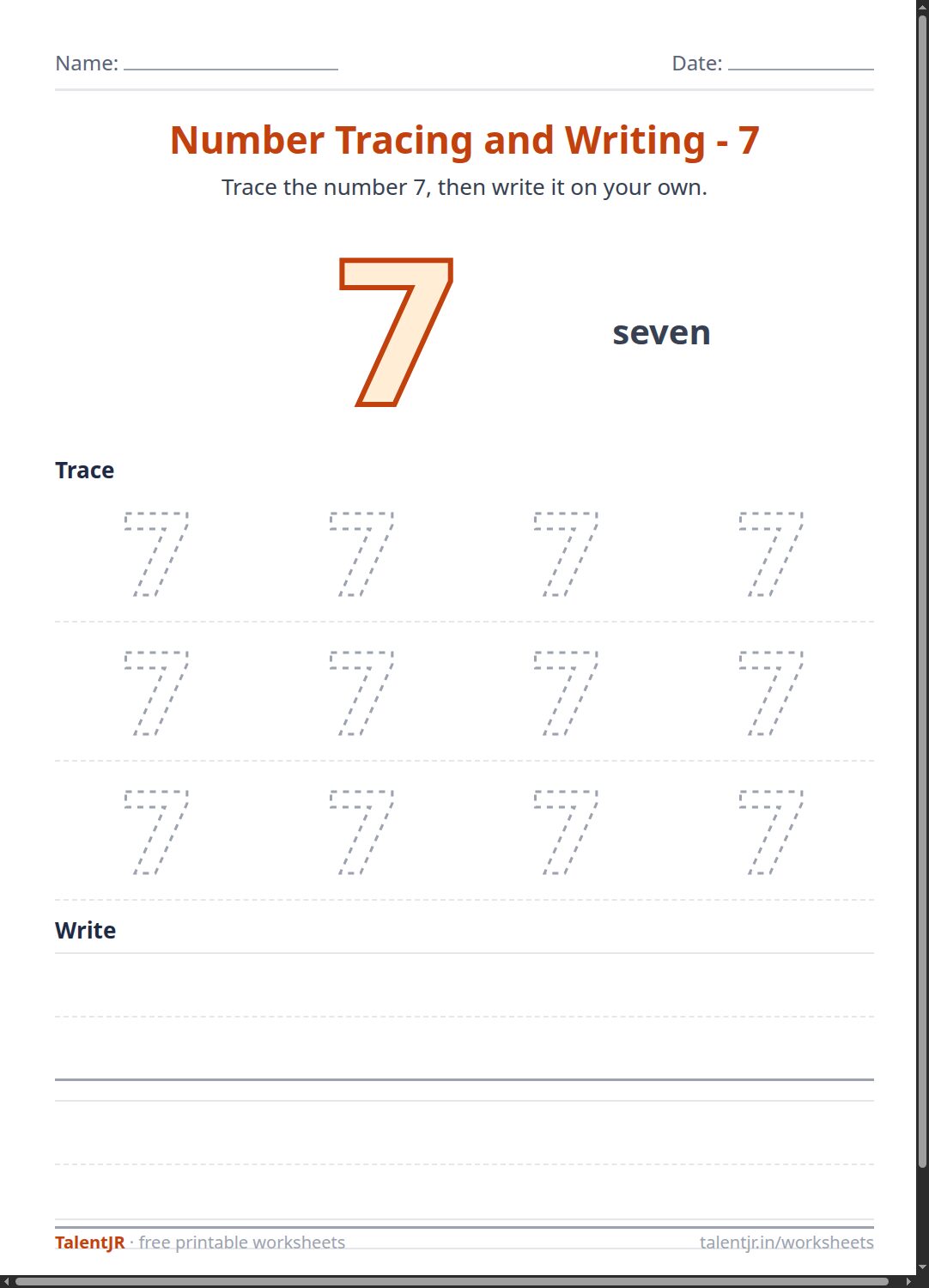 Math Worksheet: Number Tracing and Writing - 7 Worksheet