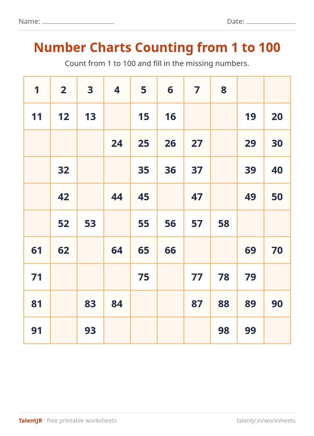 Math Worksheet: Number Charts Counting from 1 to 100 Worksheet