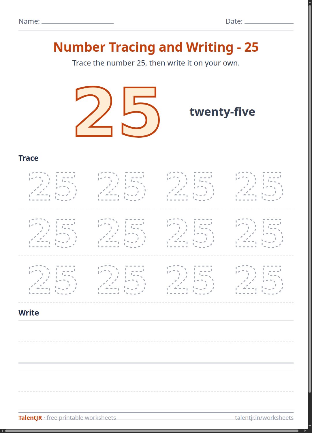 Math Worksheet: Number Tracing and Writing - 25 Worksheet