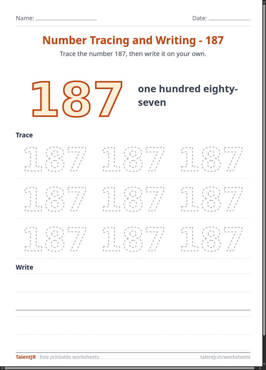 Math Worksheet: Number Tracing and Writing - 187 Worksheet