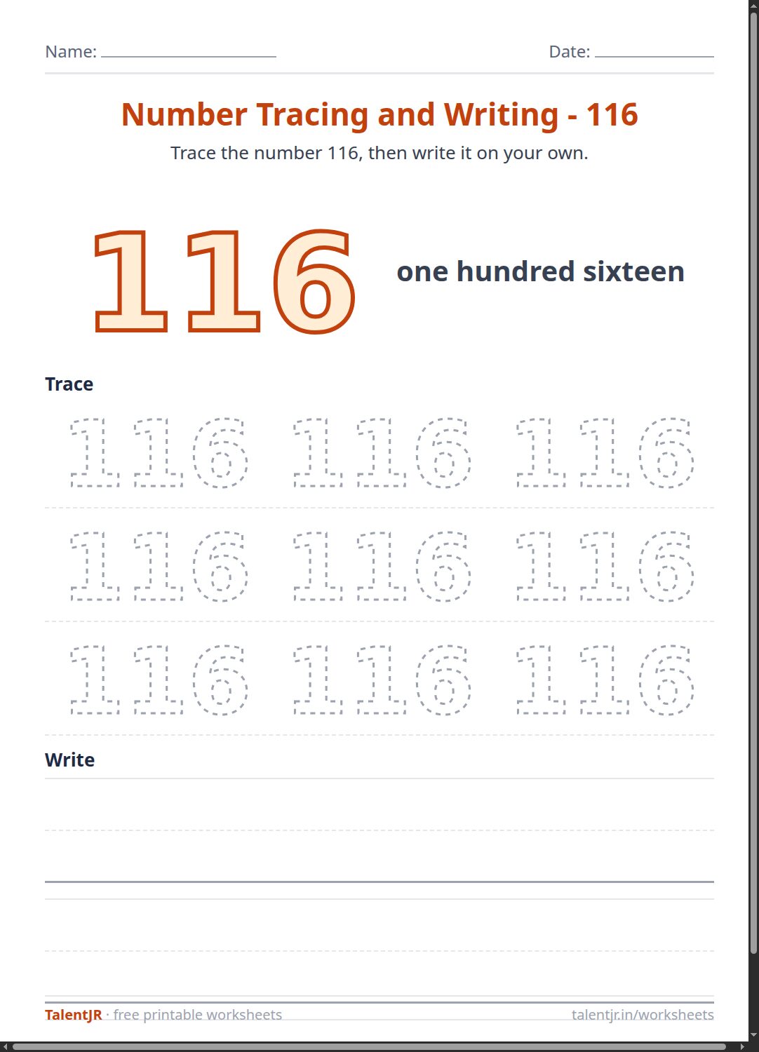 Math Worksheet: Number Tracing and Writing - 116 Worksheet