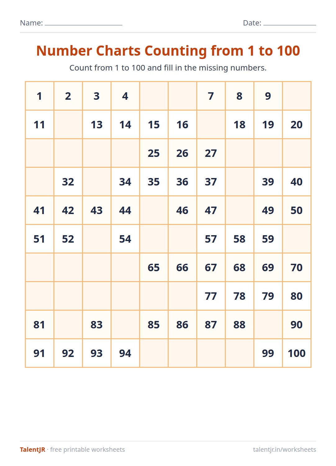 Math Worksheet: Number Charts Counting from 1 to 100 Worksheet