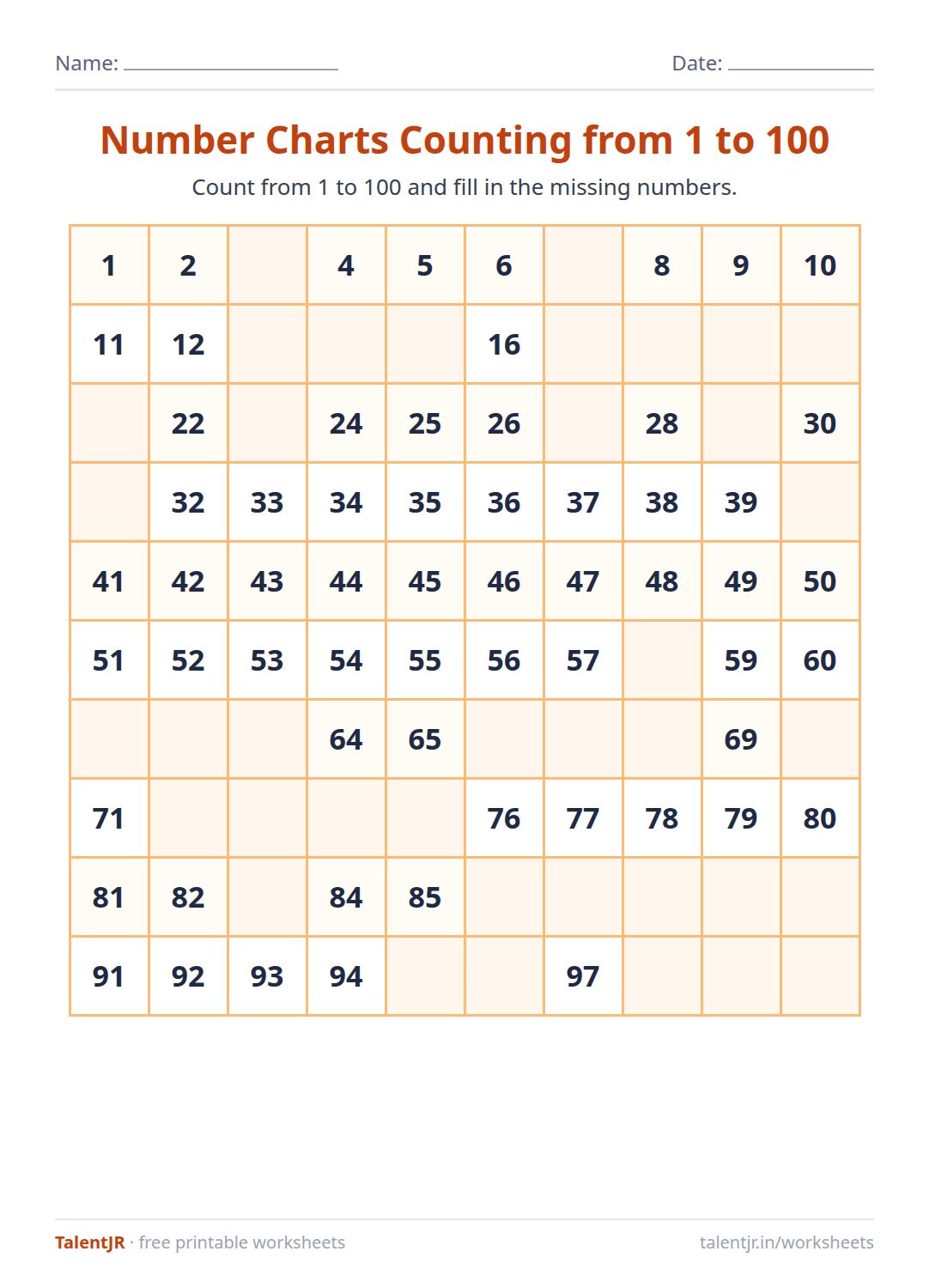 Math Worksheet: Number Charts Counting from 1 to 100 Worksheet