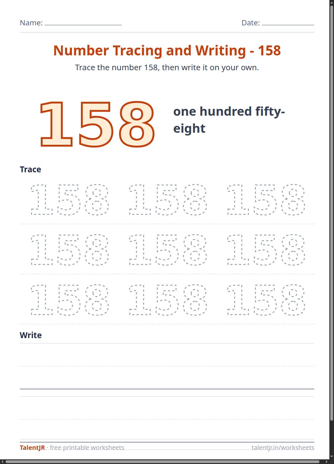 Math Worksheet: Number Tracing and Writing - 158 Worksheet