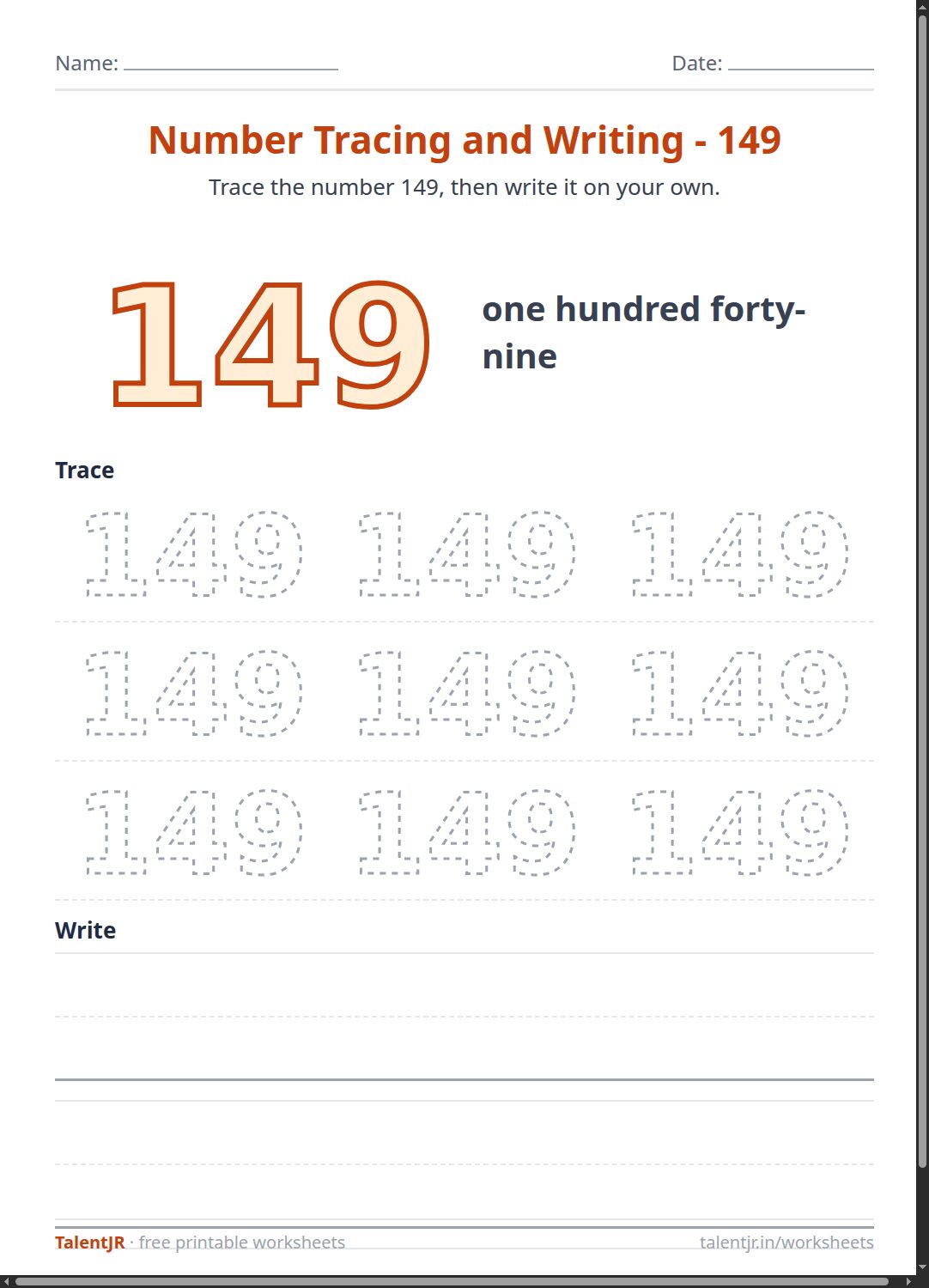 Math Worksheet: Number Tracing and Writing - 149 Worksheet