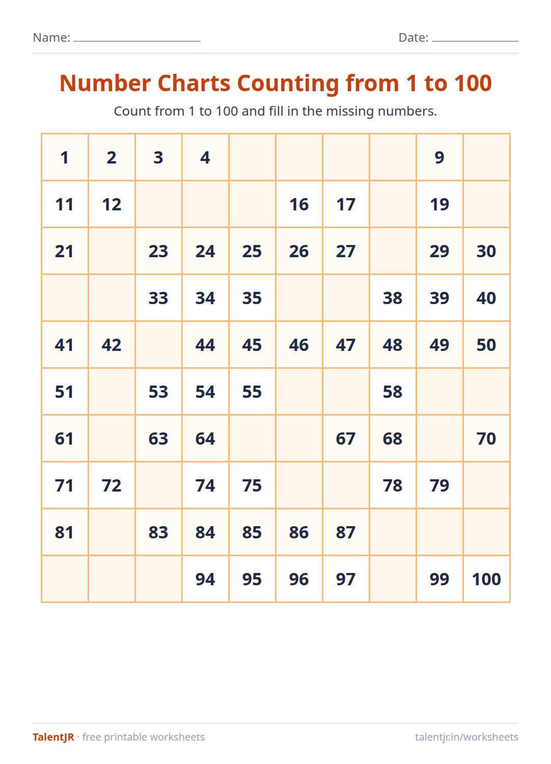 Math Worksheet: Number Charts Counting from 1 to 100 Worksheet