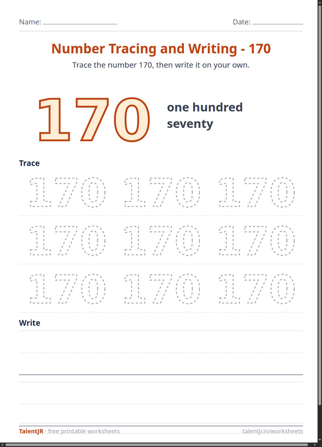 Math Worksheet: Number Tracing and Writing - 170 Worksheet