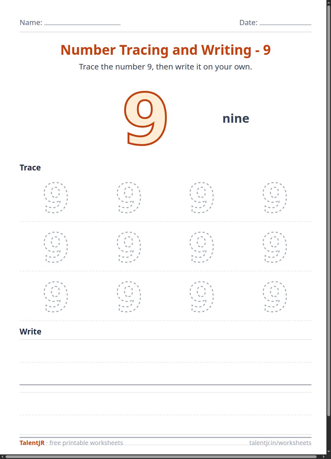 Math Worksheet: Number Tracing and Writing - 9 Worksheet
