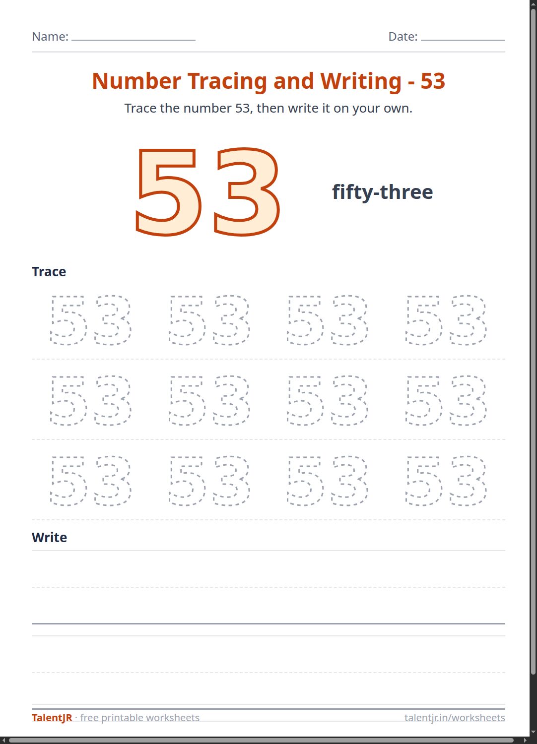 Math Worksheet: Number Tracing and Writing - 53 Worksheet