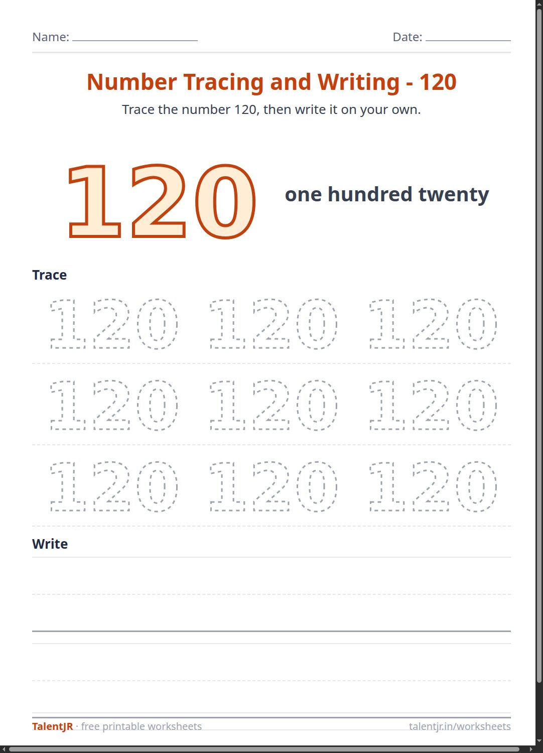 Math Worksheet: Number Tracing and Writing - 120 Worksheet