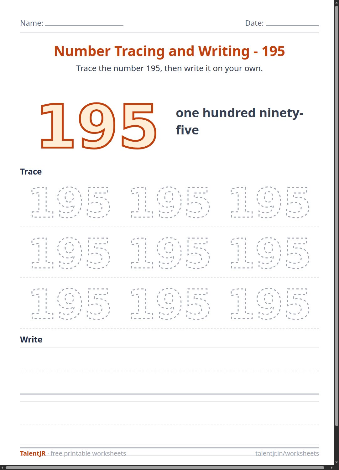 Math Worksheet: Number Tracing and Writing - 195 Worksheet