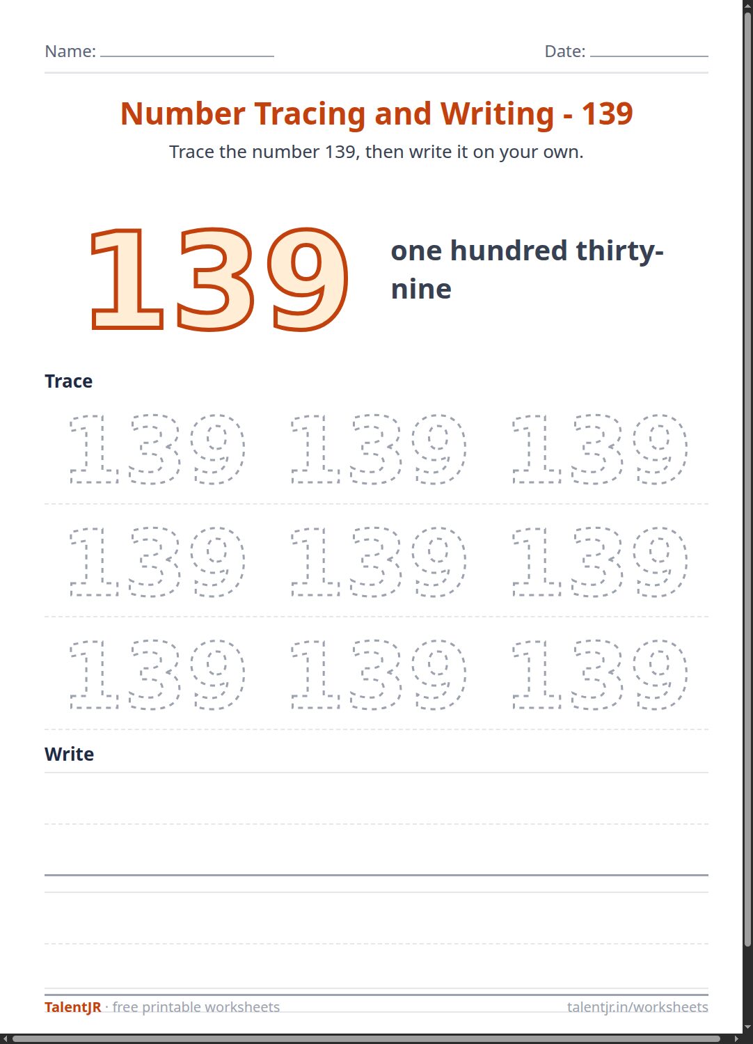 Math Worksheet: Number Tracing and Writing - 139 Worksheet
