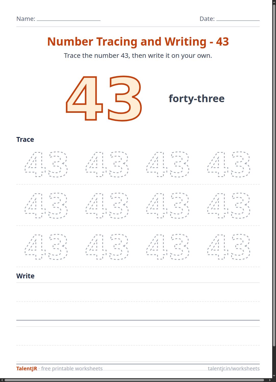Math Worksheet: Number Tracing and Writing - 43 Worksheet