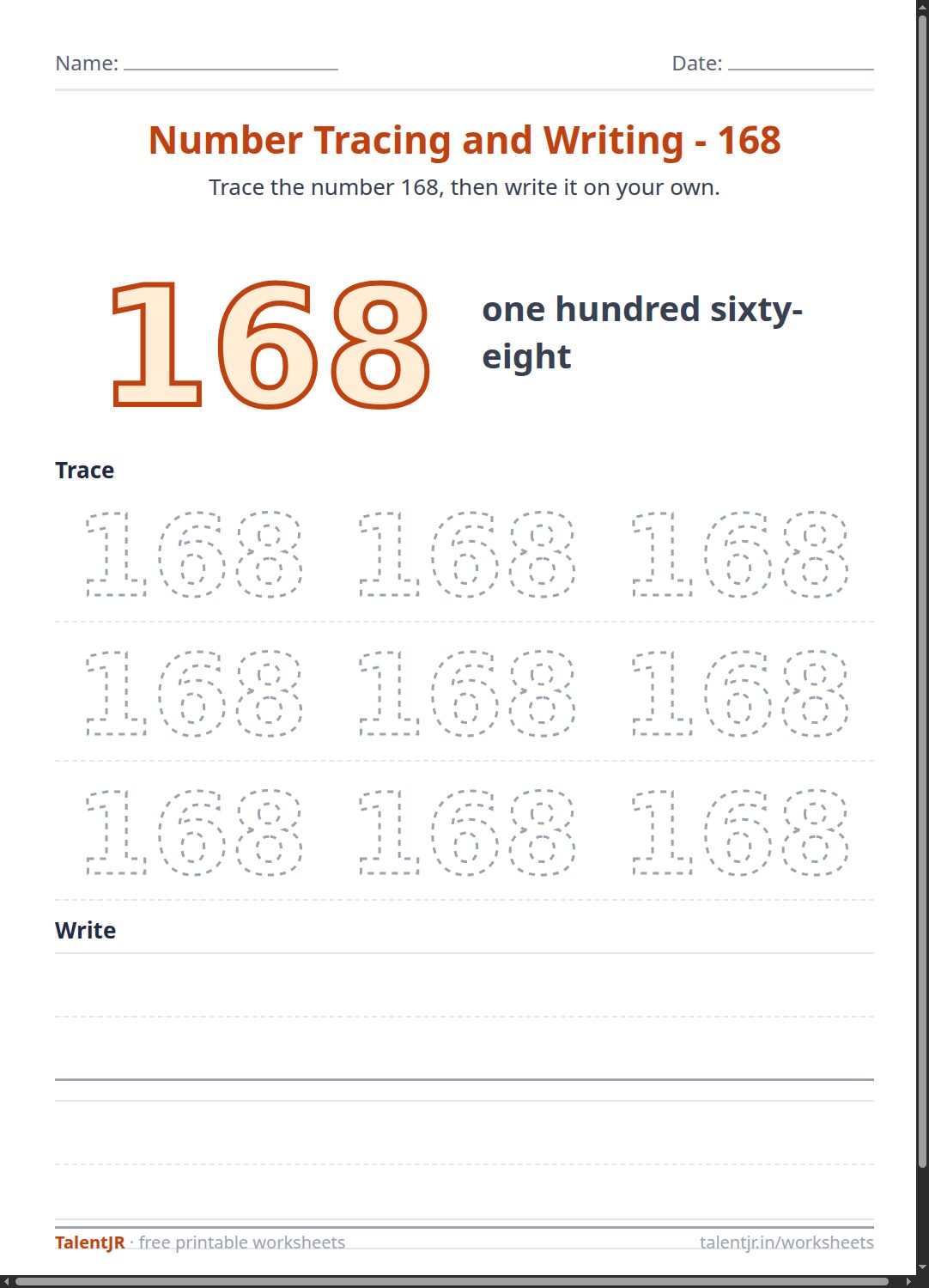 Math Worksheet: Number Tracing and Writing - 168 Worksheet