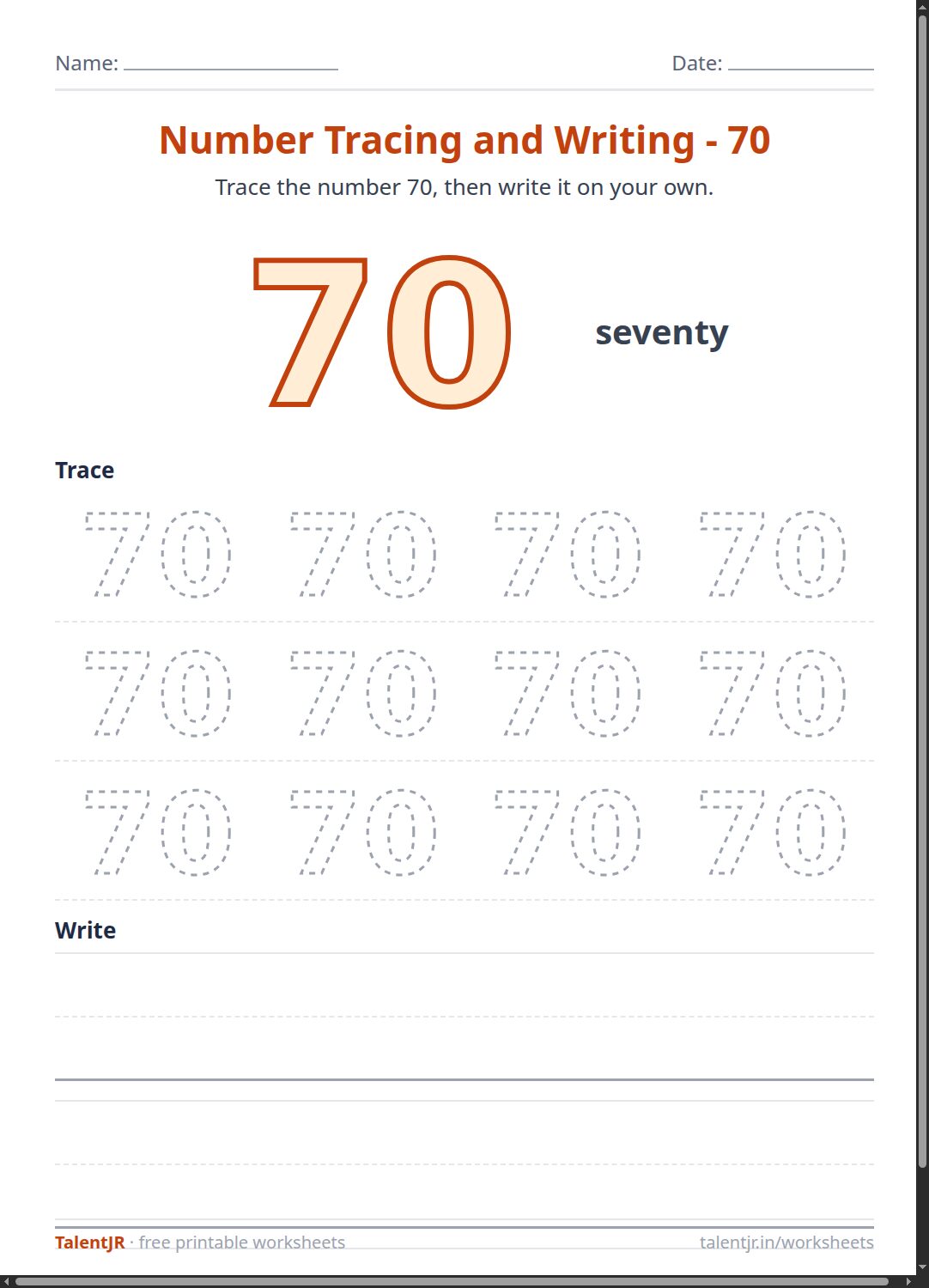 Math Worksheet: Number Tracing and Writing - 70 Worksheet