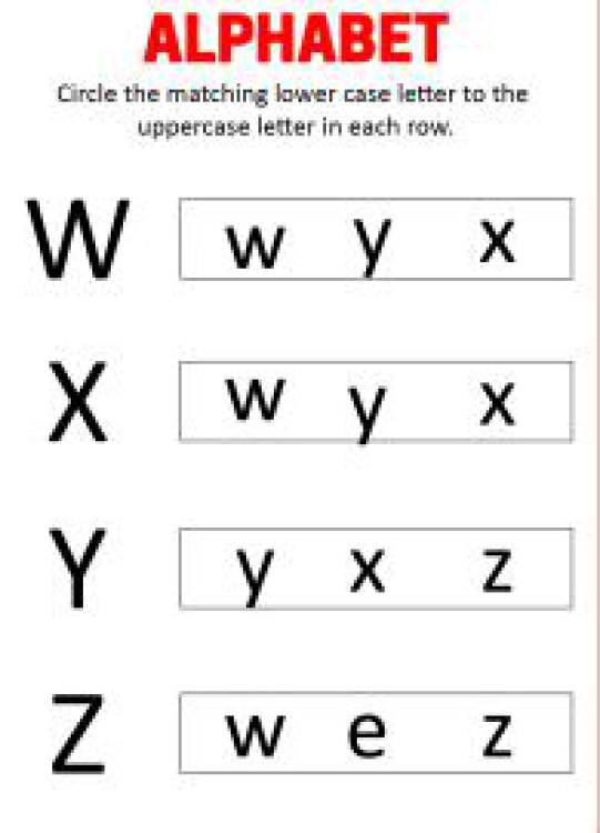 English Worksheet: Match Uppercase and Lowercase Letters W X Y Z - Alphabet Matching Worksheet