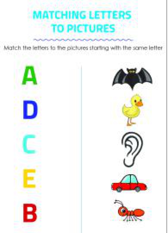 English Worksheet: Matching Letters to Pictures A to E - Alphabet Matching Worksheet