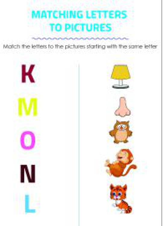 English Worksheet: Matching Letters to Pictures K to O - Alphabet Matching Worksheet