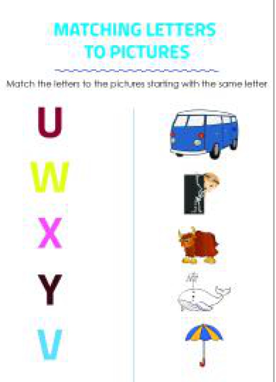 English Worksheet: Matching Letters to Pictures U to Y - Alphabet Matching Worksheet
