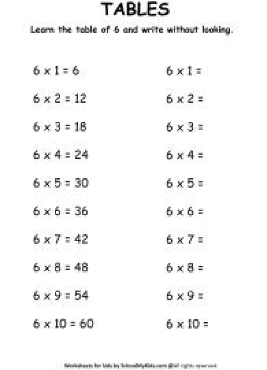 Math Worksheet: Multiplication Table 6 Worksheet