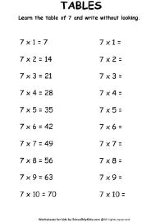 Math Worksheet: Multiplication Table 7 Worksheet