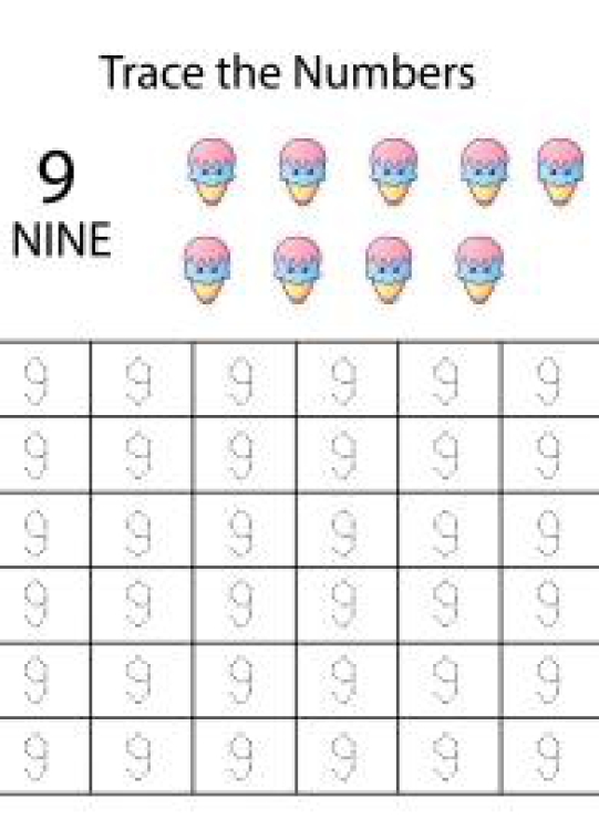 Math Worksheet: Number Tracing 9 - Count and Trace the Numbers Worksheet
