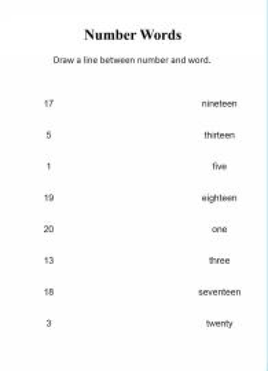 Math Worksheet: Number Word Match 1 to 20 Worksheet