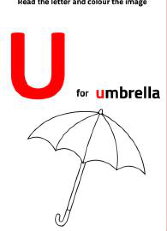 Art And Craft Worksheet: Read Letter U and Color the Umbrella Worksheet