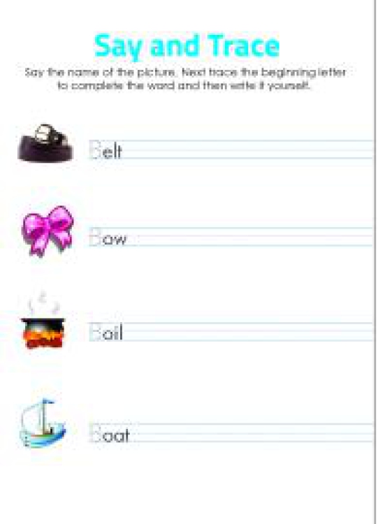 English Worksheet: Say and Trace: Letter B Beginning Sound Words Worksheet