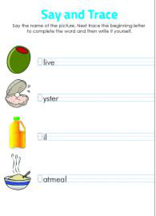 English Worksheet: Say and Trace: Letter O Beginning Sound Words Worksheet