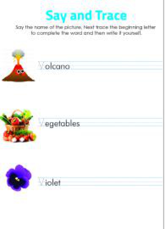 English Worksheet: Say and Trace: Letter V Beginning Sound Words Worksheet