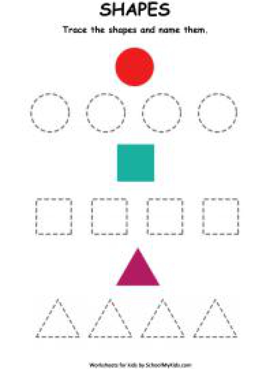 Math Worksheet: Shape Tracing and Naming - Circle, Square and Triangle Worksheet