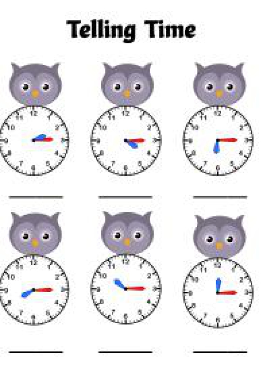 Math Worksheet: Telling Time to the Quarter Hour (Quarter Past) - Owl Theme Time Worksheet