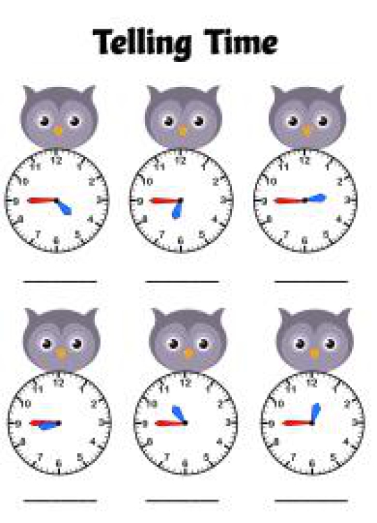 Math Worksheet: Telling Time to the Quarter Hour (Quarter To) - Owl Theme Time Worksheet