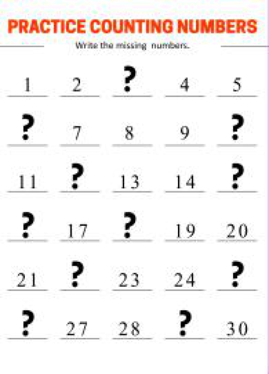 Math Worksheet: Write the Missing Numbers: Counting 1 to 30 Worksheet