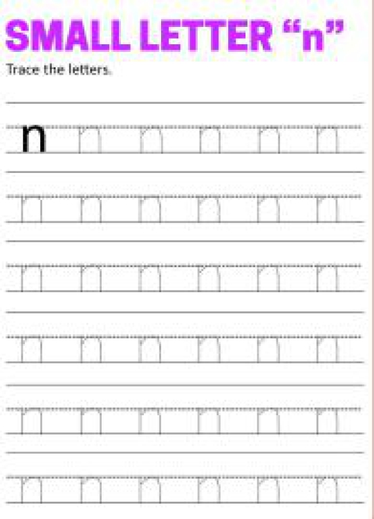 English Worksheet: Writing Small Letter n - Lowercase Letter Tracing Worksheet